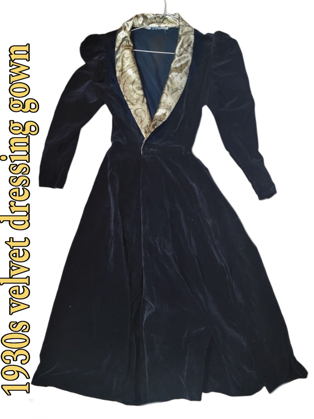Vintage 1920s/ 30s Dressing Gown Black Velvet & Gold Paisley Brocade Wollis Exc